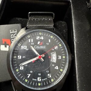 Calibre Black and Red Quartz Watch, changeable strap , water resiststrong manly
